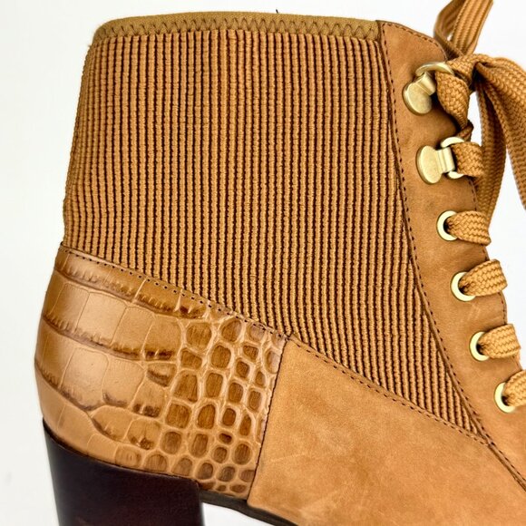 Gibson Latimer Tan Leather Lace-Up Ankle Boots 8M | Croc Heel, Side Zip - Picture 4 of 12